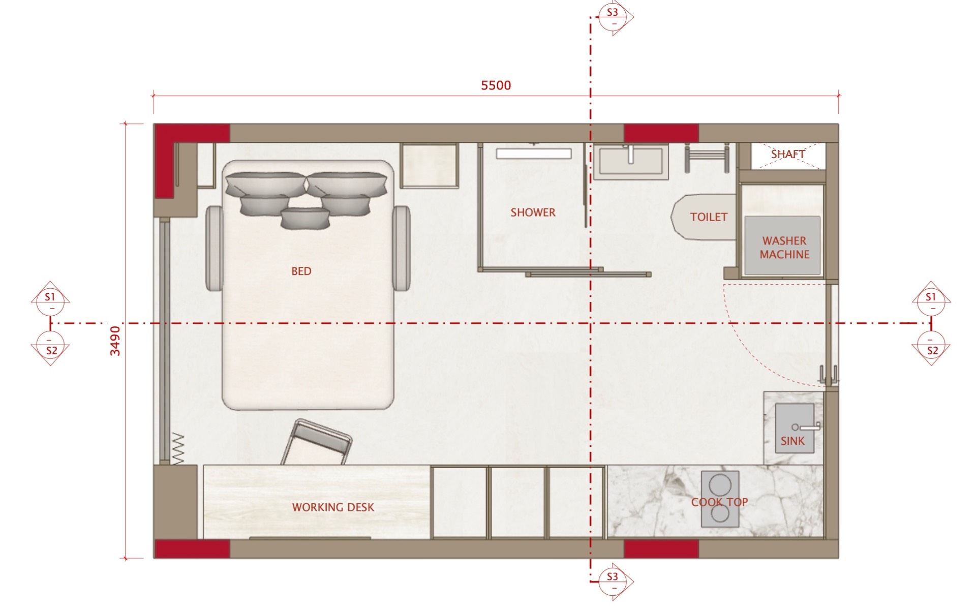 Studio ensuite floor plan