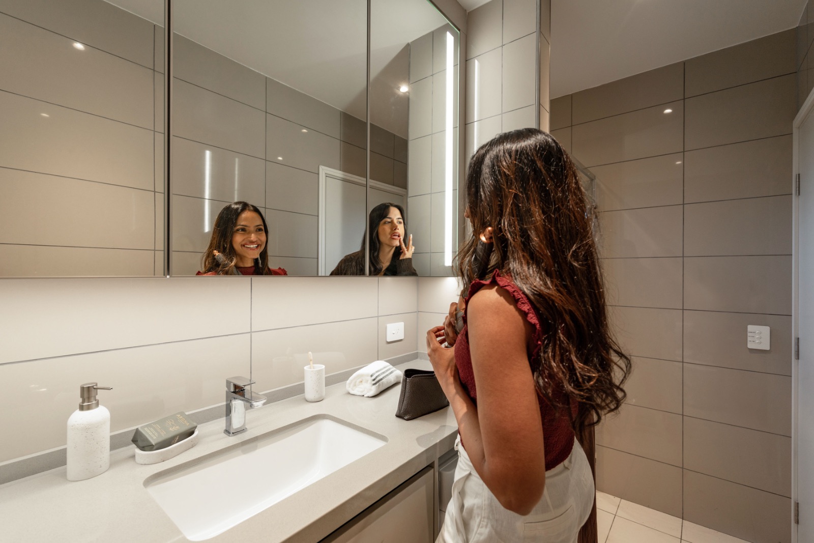 Getting ready at the vanity mirror